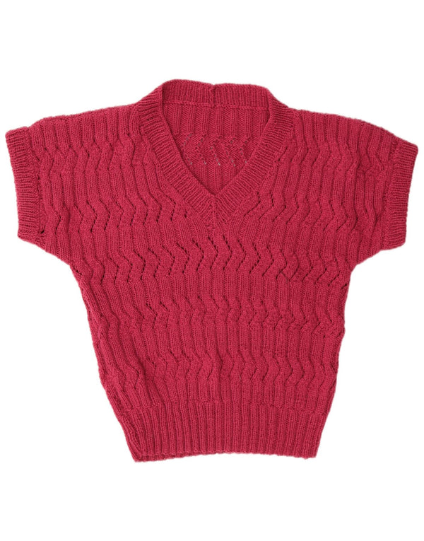 Vintage Damen Kurzarm V-Ausschnitt Pullover Pullover UK 14 Large Pink