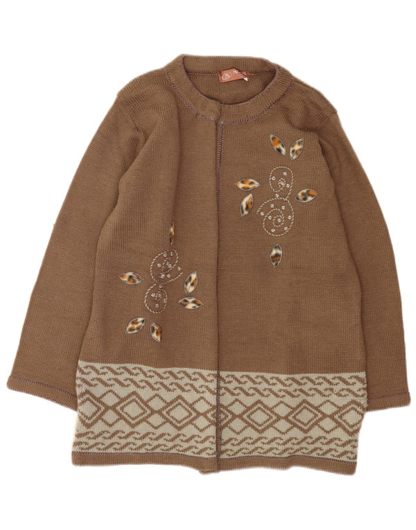 Vintage Damen Cardigan Pullover UK 16 Große braune Wolle mit Blumenmuster