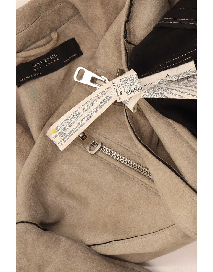 Zara Damen Crop Bikerjacke UK 10 Small Beige Polyester