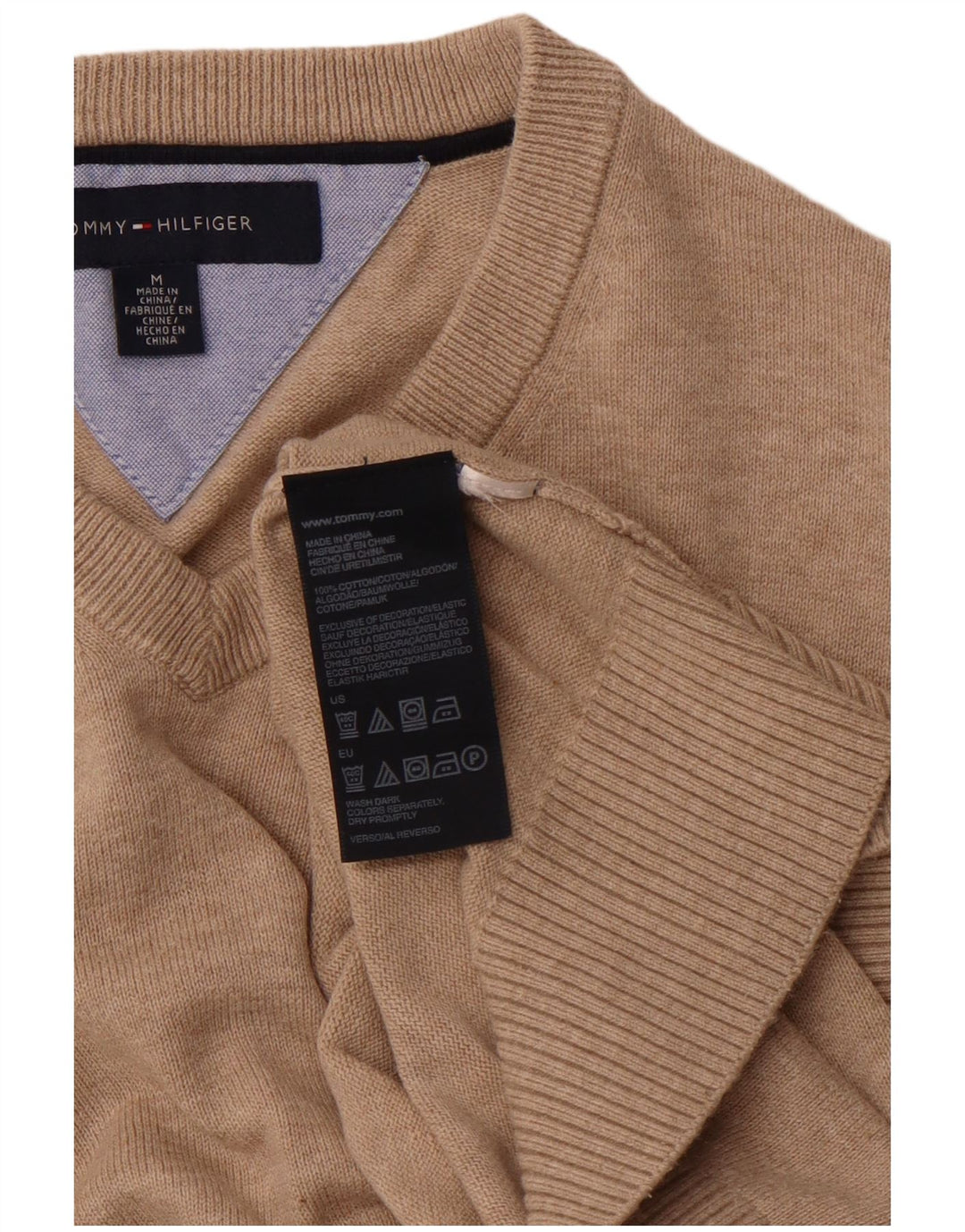 TOMMY HILFIGER Herren-Pullover mit V-Ausschnitt aus mittelbeiger Baumwolle