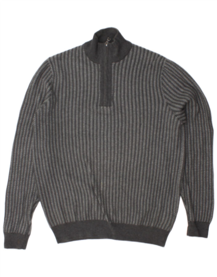 MARKS & SPENCER Herren-Pullover mit Reißverschluss am Hals, mittelgrau gestreifte Baumwolle