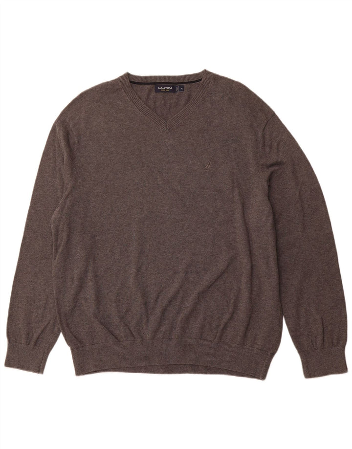 NAUTICA Herren-Pullover mit V-Ausschnitt, XL, graue Baumwolle