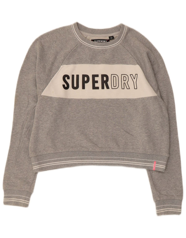 Superdry Damen Crop Graphic Sweatshirt Pullover UK 14 Mittelgraue Baumwolle