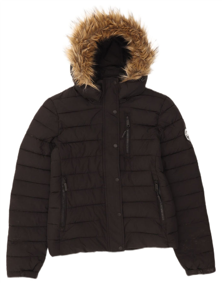Superdry Wattierte Damenjacke mit Kapuze, UK 10, Größe S, Schwarz, Polyester