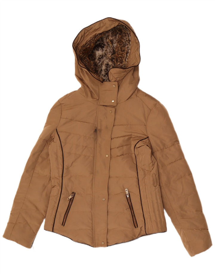 Zara Damen-Jacke mit Kapuze, gepolstert, Größe 44, Braun, Polyester