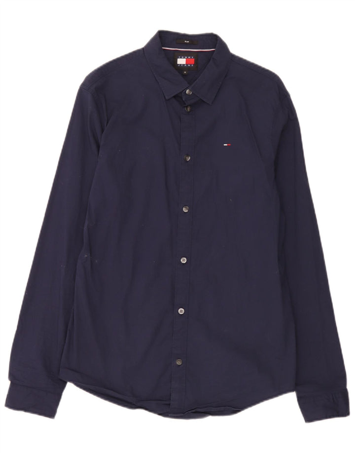 Tommy Hilfiger Herren-Slim-Hemd aus mittelblauer, marineblauer Baumwolle