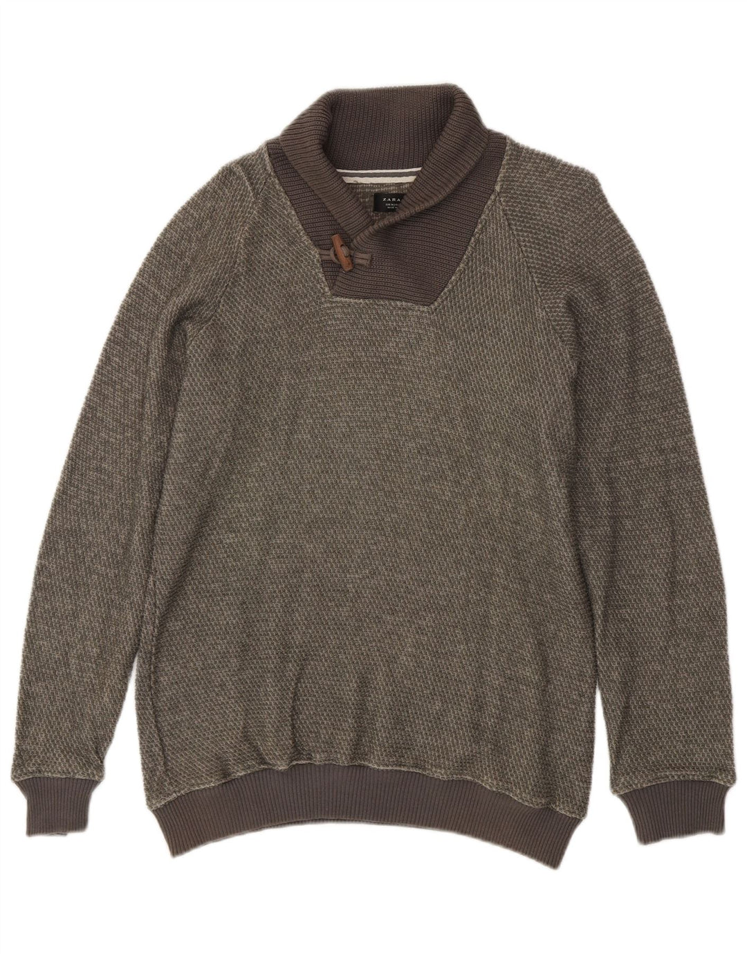 Zara Herren-Pullover mit Schalkragen, mittelgrüne Baumwolle