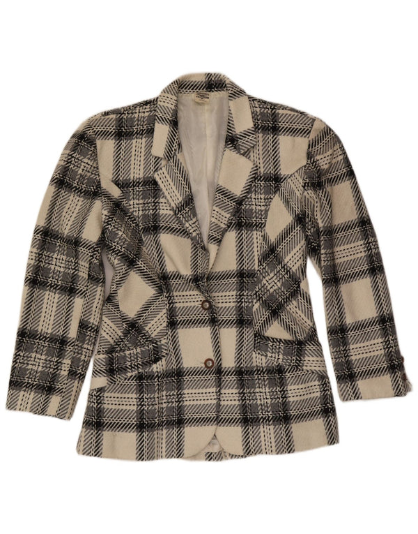 Vintage Damen 2-Knopf-Blazerjacke UK 12 Medium Off White Plaid Wool