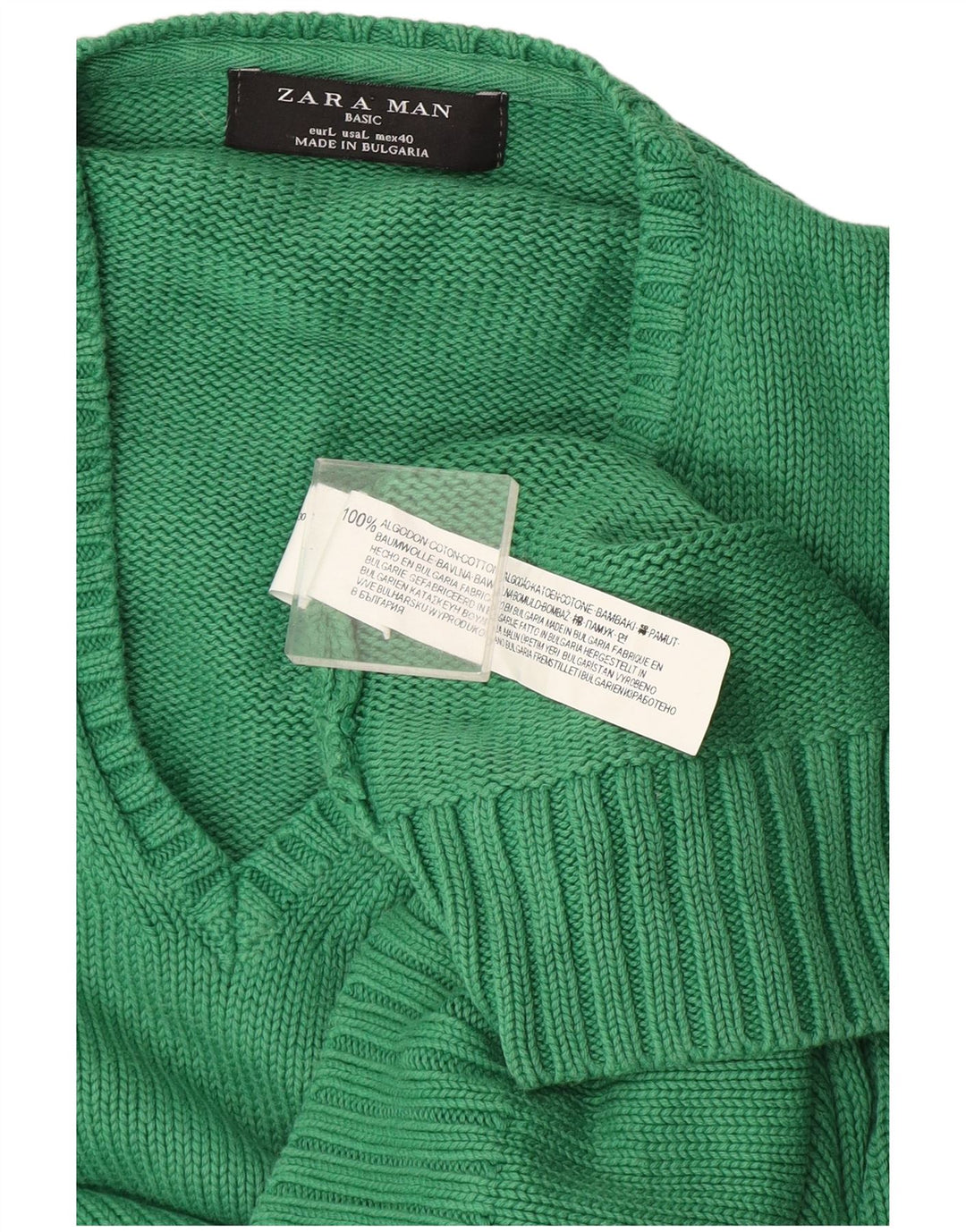 Zara Herren-Pullover mit V-Ausschnitt, groß, grüne Baumwolle