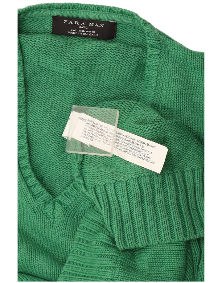 Zara Herren-Pullover mit V-Ausschnitt, groß, grüne Baumwolle
