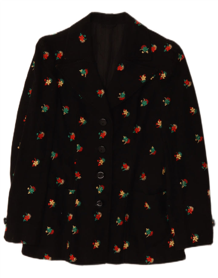 VINTAGE Damen 4-Knopf-Blazerjacke UK 10 Kleines schwarzes Blumenmuster