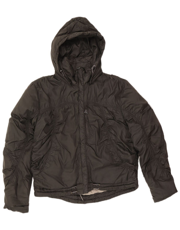 Gepolsterte Vintage-Damenjacke mit Kapuze, UK 16, großes schwarzes Polyester