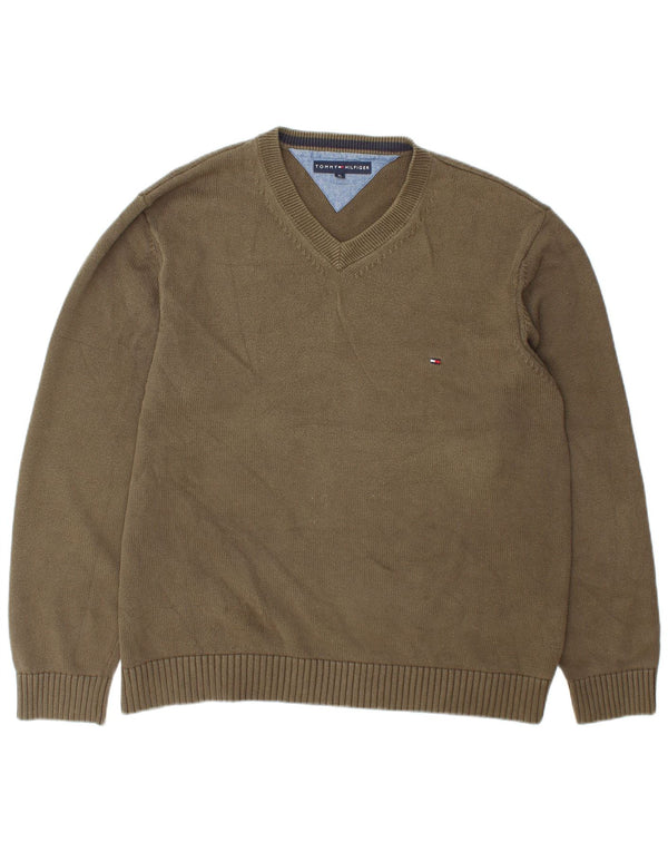 Tommy Hilfiger Herren-Pullover mit V-Ausschnitt, XL, Khaki, Baumwolle