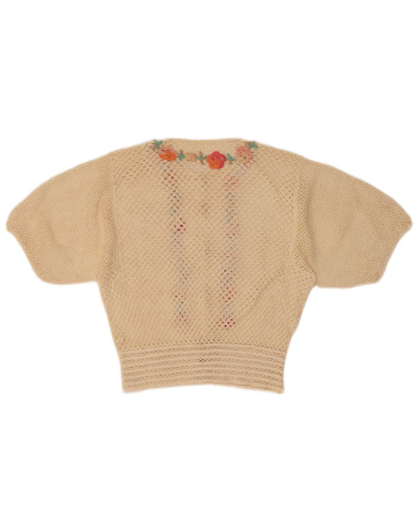 Vintage Damen Crop Kurzarm Cardigan Pullover UK 8 Small Beige Floral