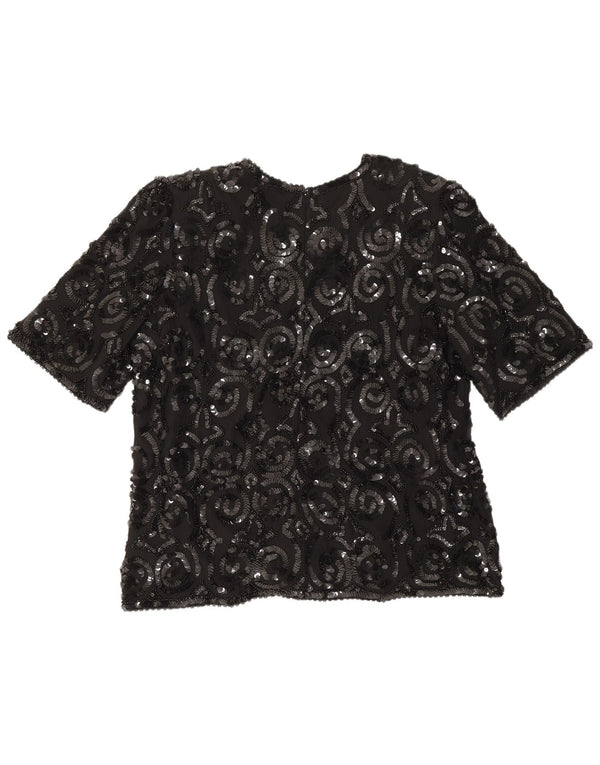 Frank Usher Damen Bluse Top UK 16 Große schwarze Seide