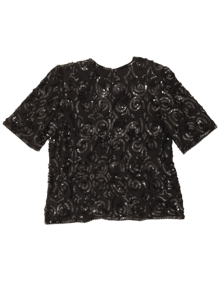 Frank Usher Damen Bluse Top UK 16 Große schwarze Seide