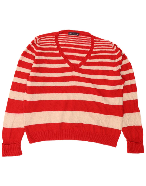 Marks & Spencer Damen-Pullover mit V-Ausschnitt, UK 18, XL, rot gestreifte Wolle