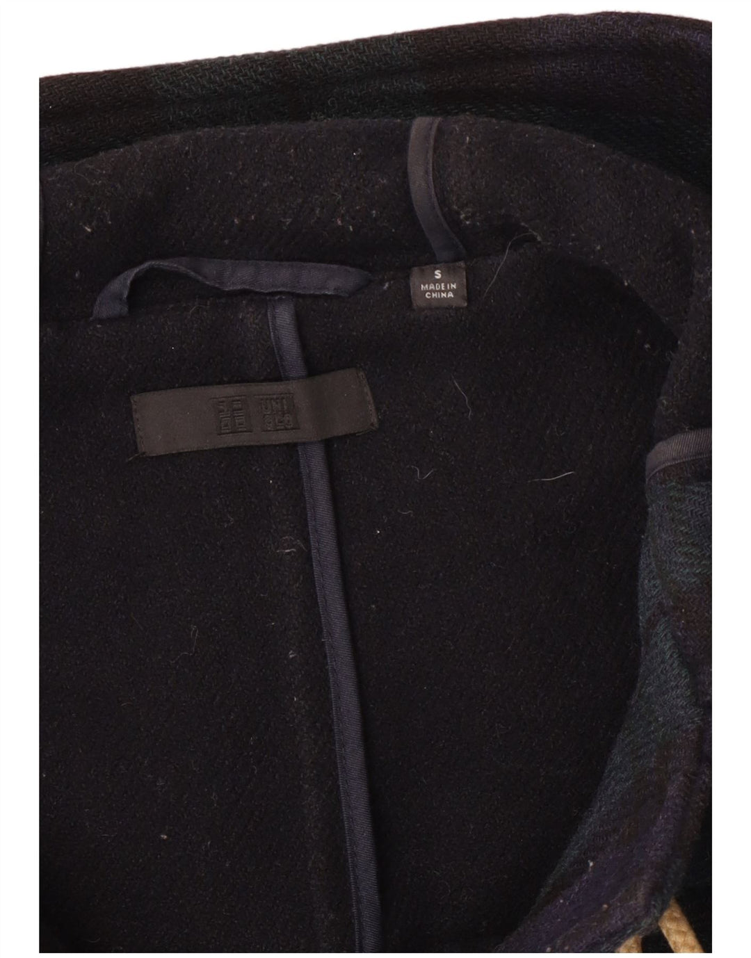 Uniqlo Herren-Dufflecoat mit Kapuze, UK 36, klein, marineblau kariert