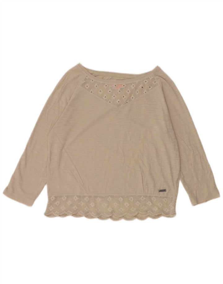 Superdry Damen-Blusenoberteil mit 3/4-Ärmeln, UK-Größe 12, mittelbeige Baumwolle