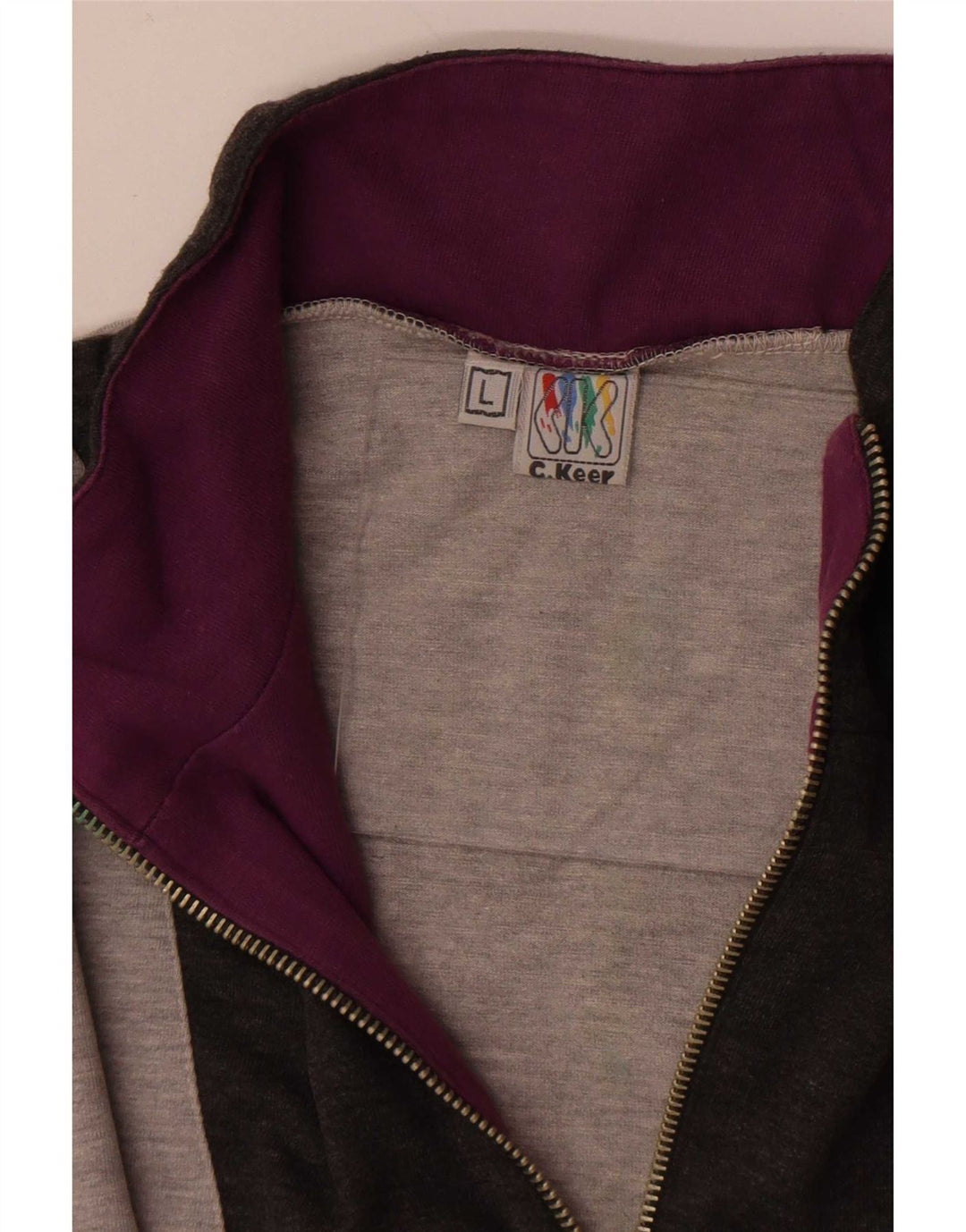 Vintage Herren-Sweatshirt mit grafischem Reißverschluss, groß, grau gestreift