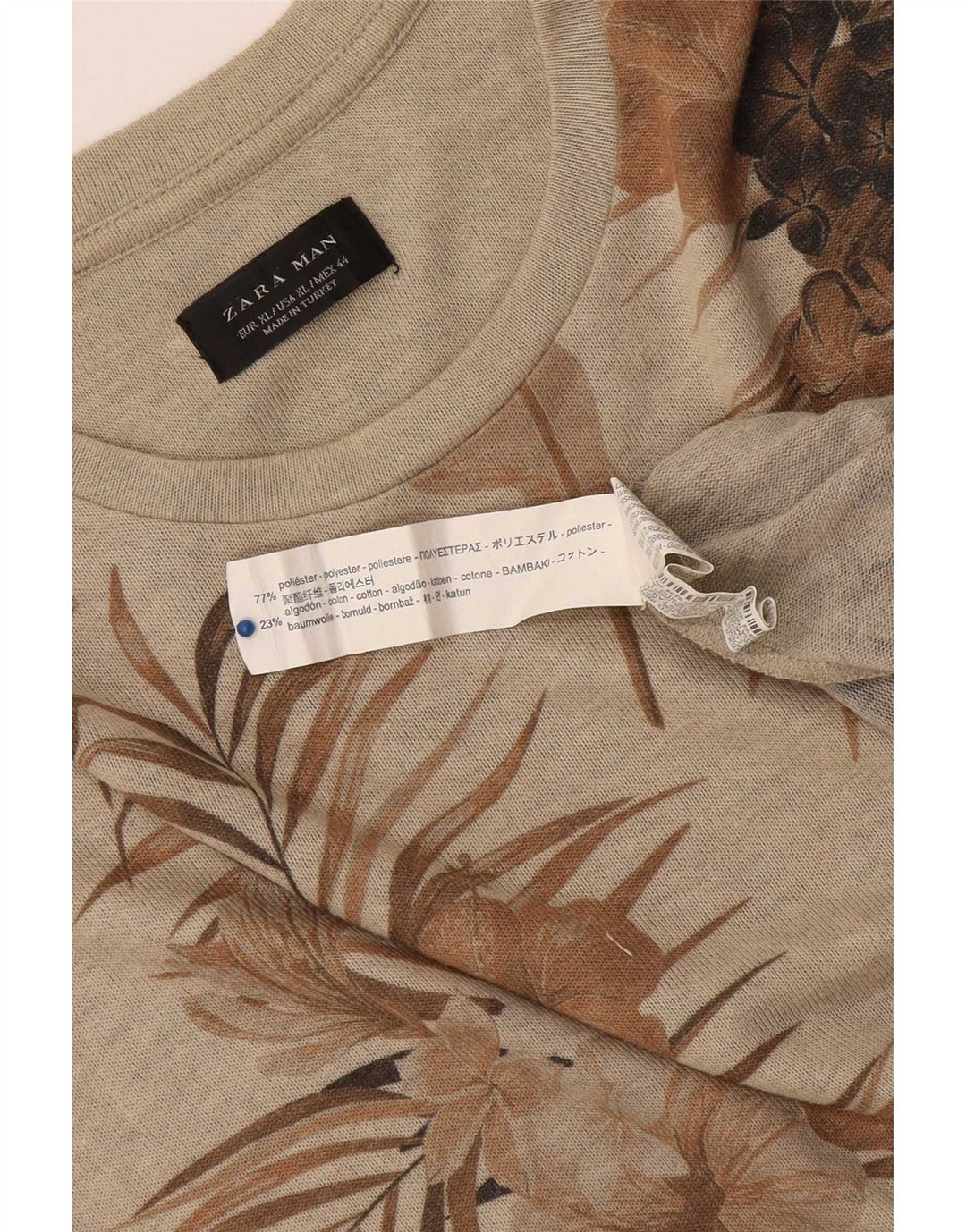 Zara Herren Grafik T-Shirt Top XL Beige Blumen Polyester