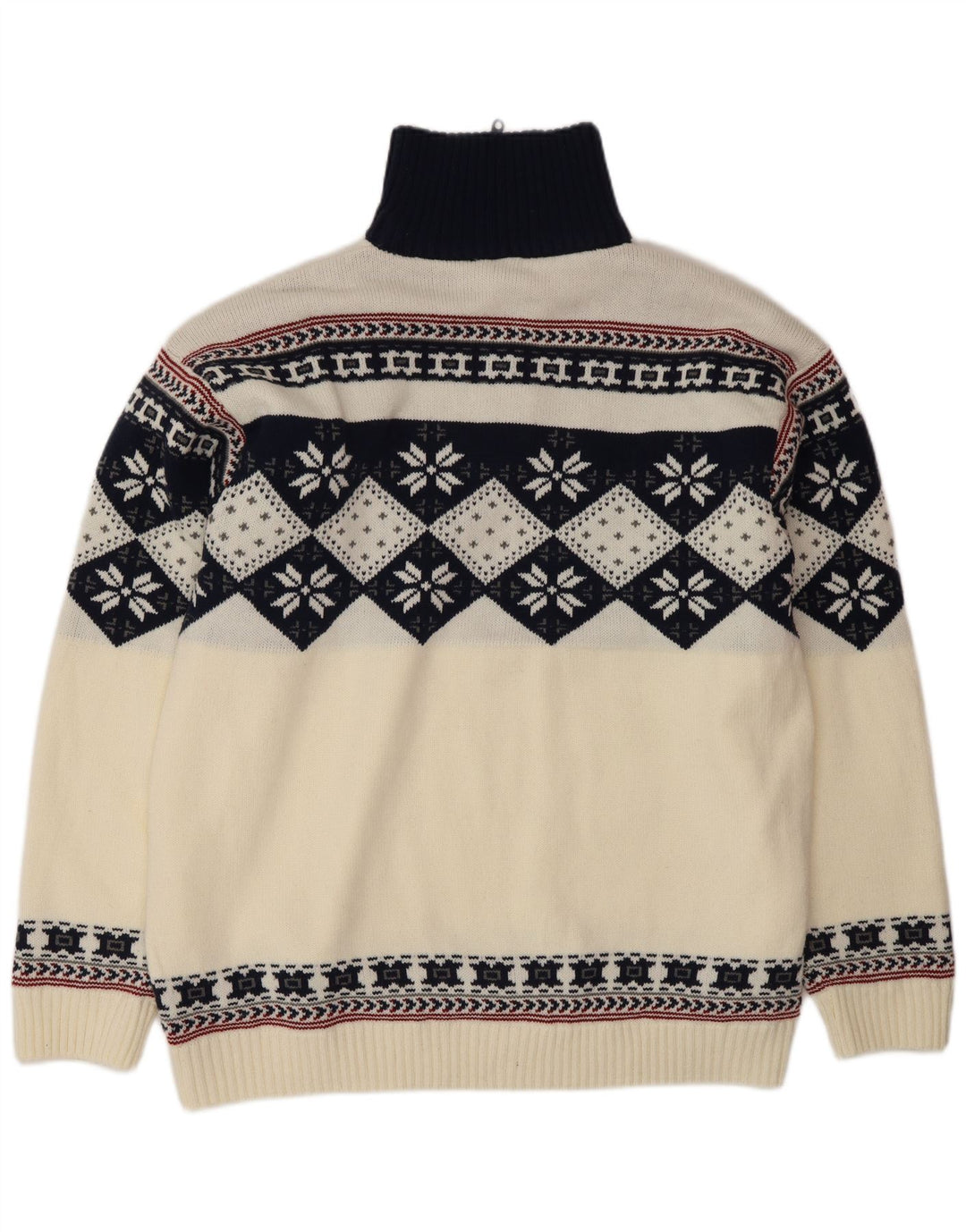 Vintage Herren-Pullover mit Reißverschluss, groß, weiß, Fair-Isle-Polyacryl