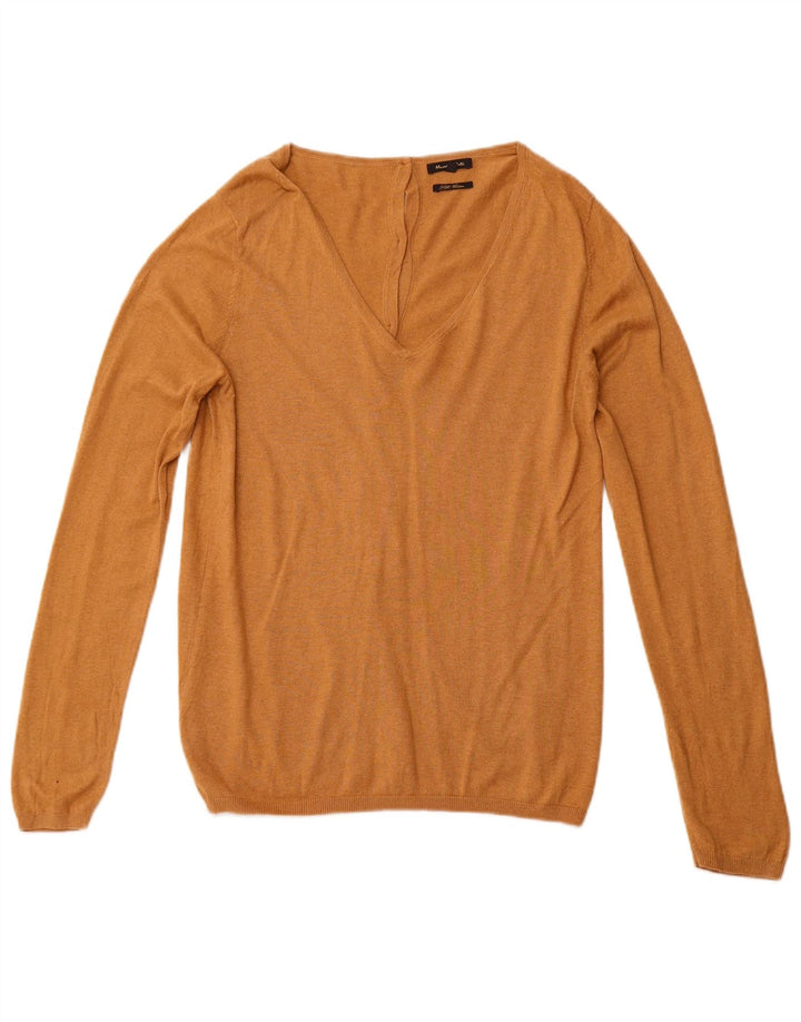MASSIMO DUTTI Damen-Pullover mit V-Ausschnitt, UK 14, große braune Baumwolle
