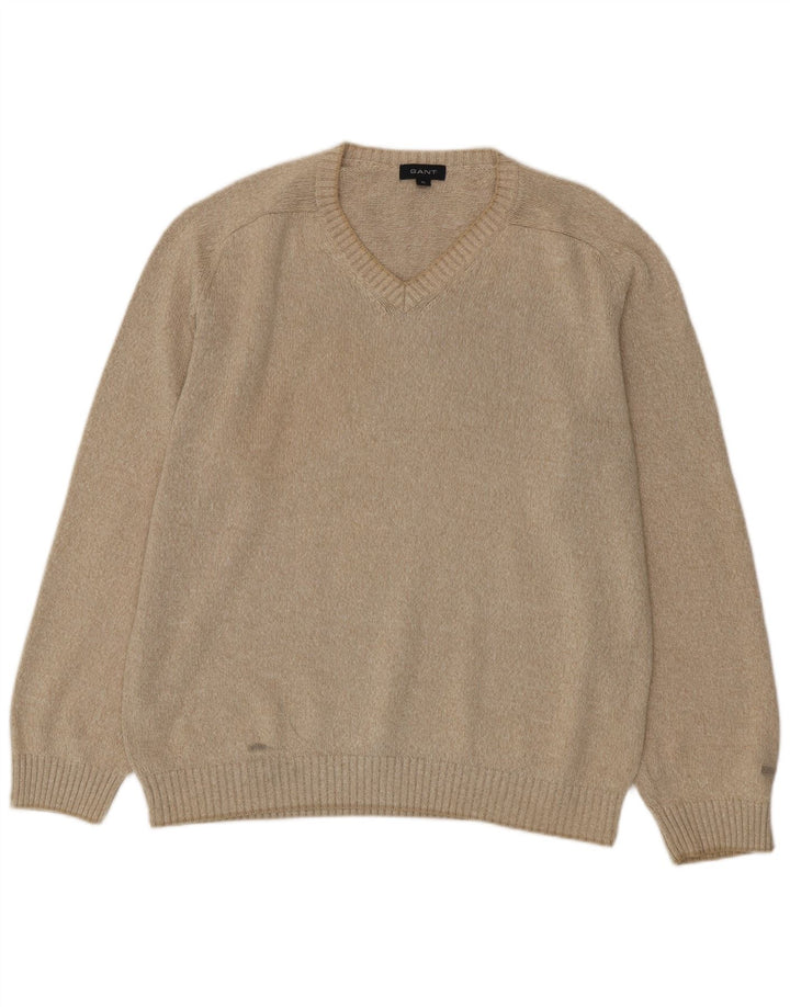 Gant Herren V-Ausschnitt Pullover Pullover XL Beige Baumwolle