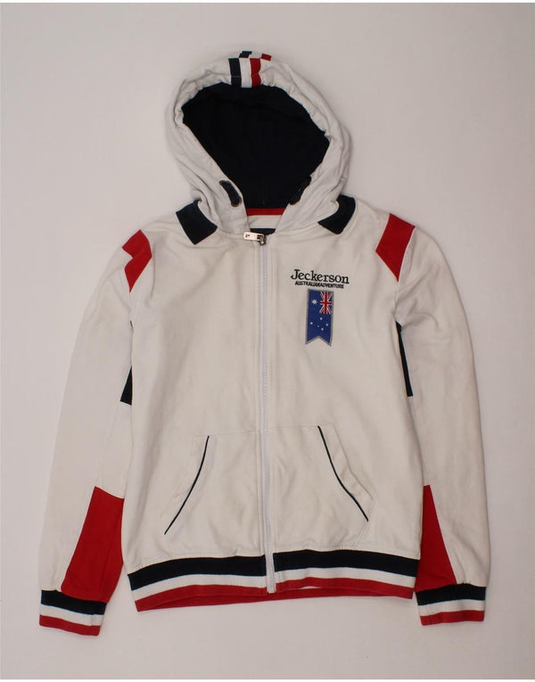 JECKERSON Jungen-Kapuzenpullover mit grafischem Reißverschluss, 9–10 Jahre, weißes Farbblockdesign