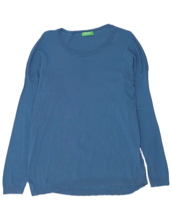 Benetton Damen-Pullover mit Rundhalsausschnitt, UK 14, mittelblaue Baumwolle