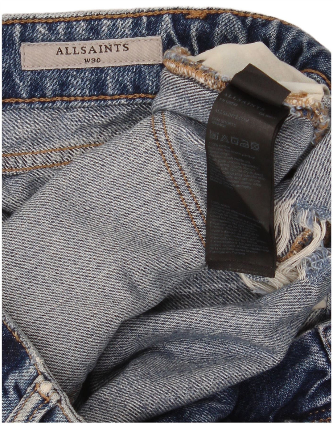 All Saints Damen-Jeansshorts im Distressed-Look, W30, mittelblaue Baumwolle