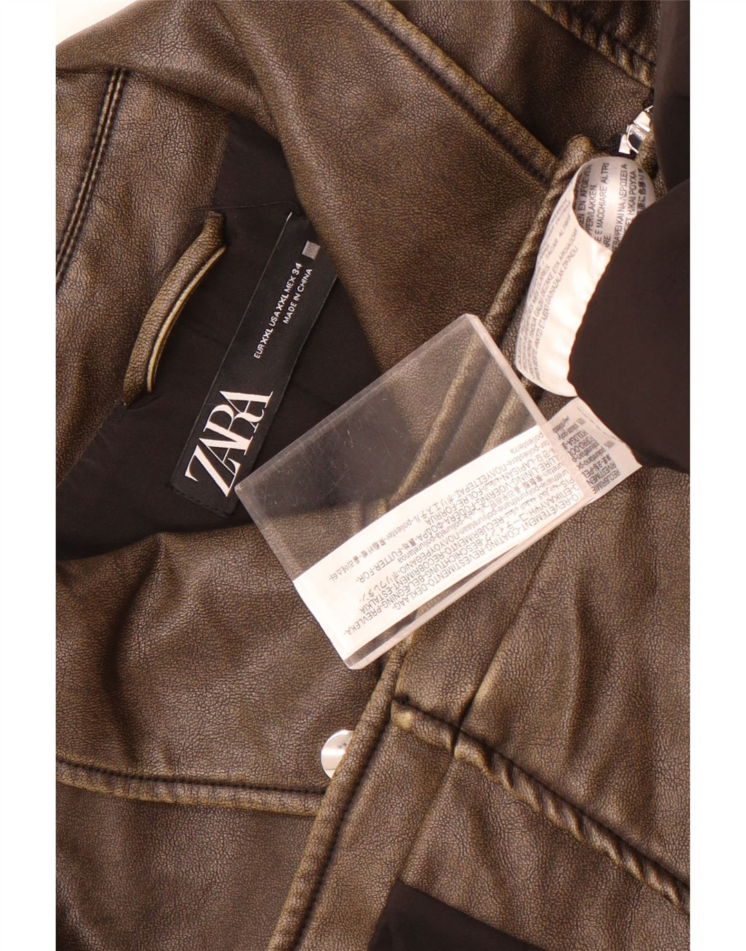 Zara Damen-Bikerjacke aus Kunstleder, UK 20 2XL, braunes Polyurethan