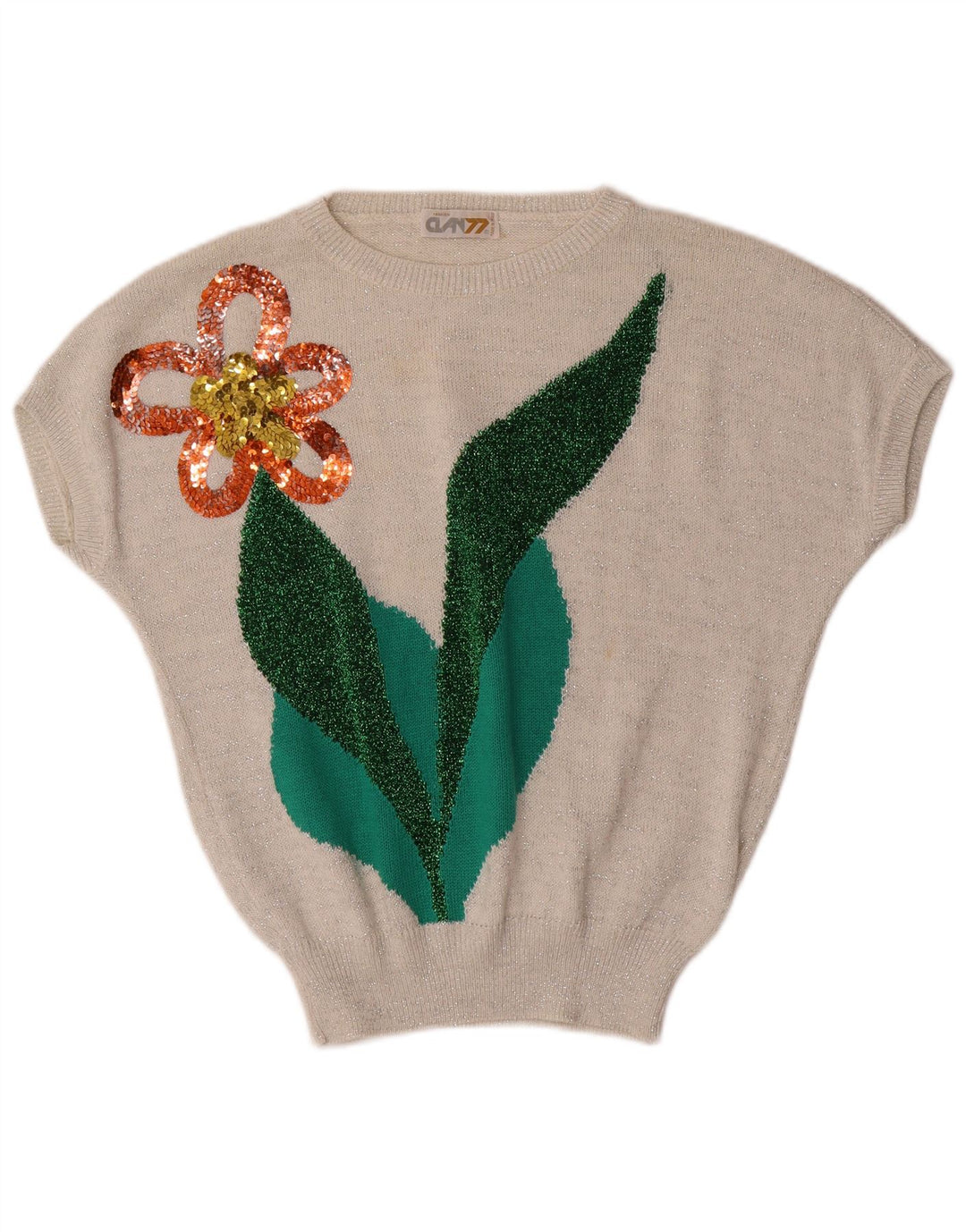 VINTAGE Damen-Pullover mit U-Boot-Ausschnitt, Gr. 16, groß, gebrochenes Weiß mit Blumenmuster