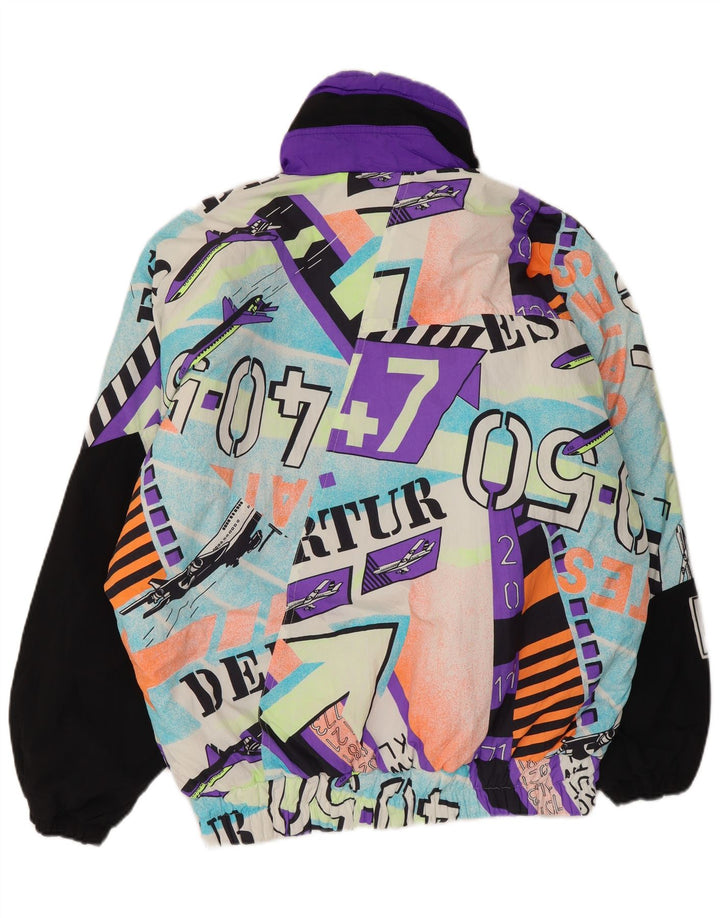 Vintage Herren-Skijacke mit grafischer Kapuze, UK 40, großes mehrfarbiges Polyamid