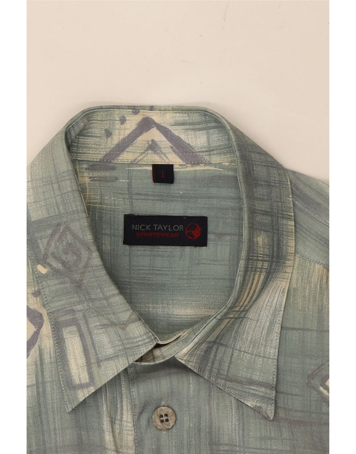 NICK TAYLOR Mens Short Sleeve Shirt Large Green Geometric Vintage Nick Taylor and Second-Hand Nick Taylor from Messina Hembry 