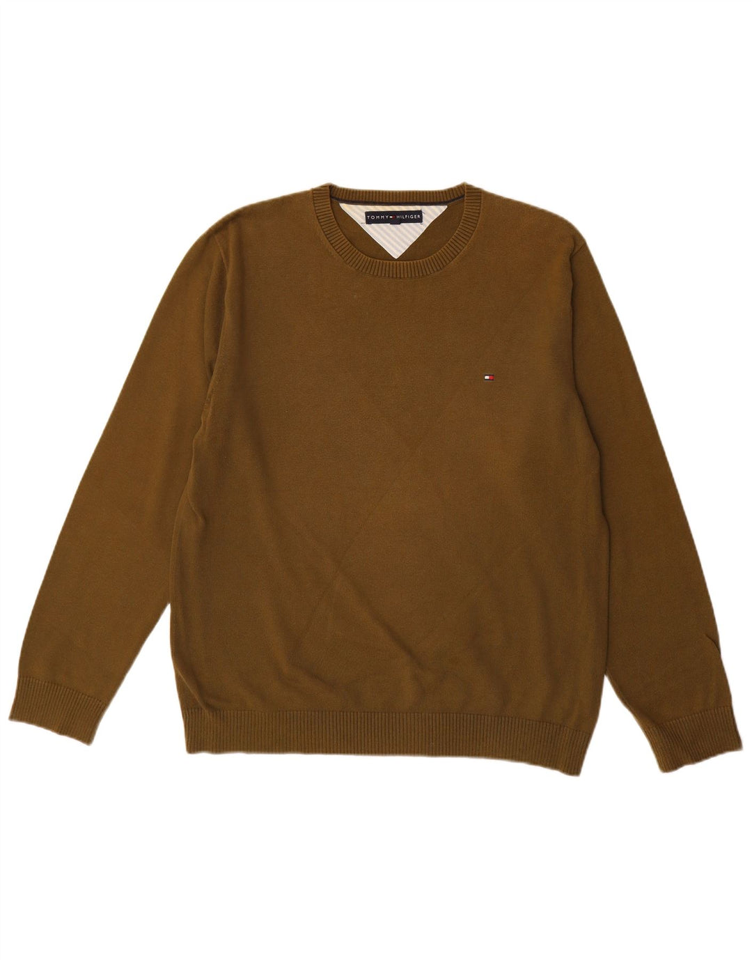TOMMY HILFIGER Mens Crew Neck Jumper Sweater Large Brown Cotton