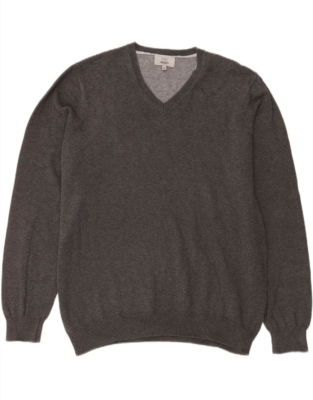 Marks & Spencer Herren-Pullover, reguläre Passform, V-Ausschnitt, XL, graue Baumwolle