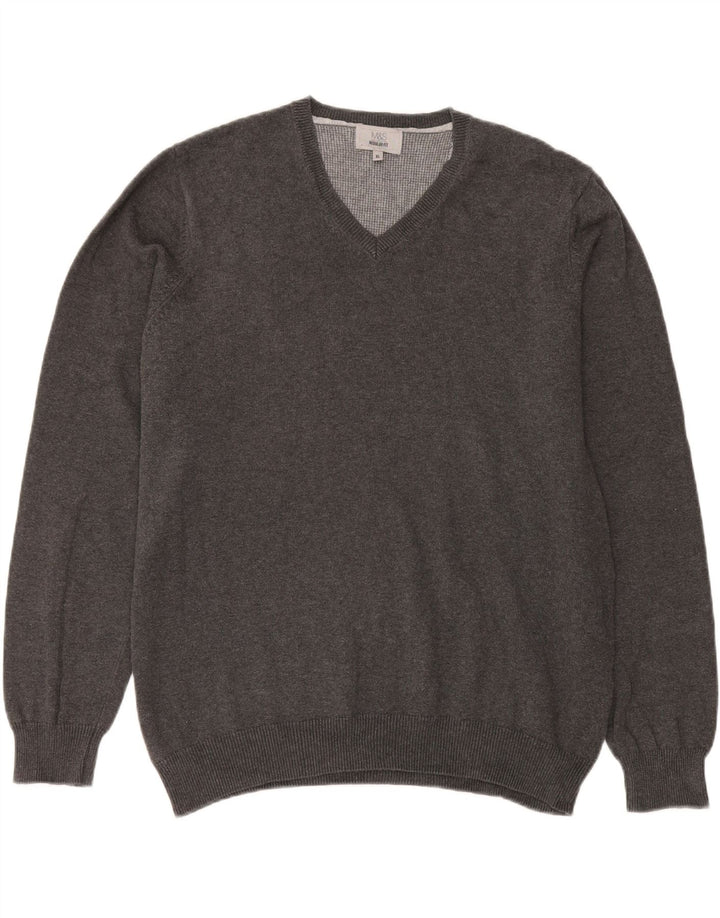Marks & Spencer Herren-Pullover, reguläre Passform, V-Ausschnitt, XL, graue Baumwolle