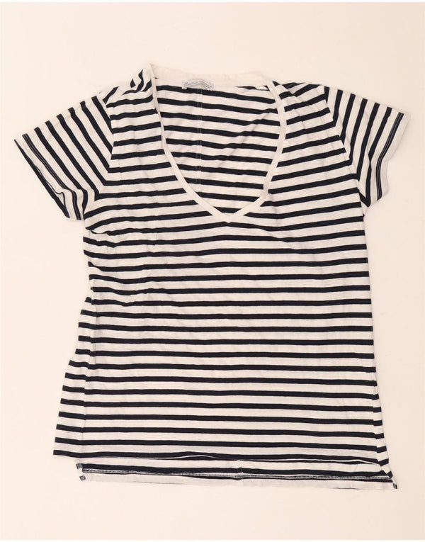 Zara Damen T-Shirt Top UK 14 Medium Marineblau gestreift aus Baumwolle