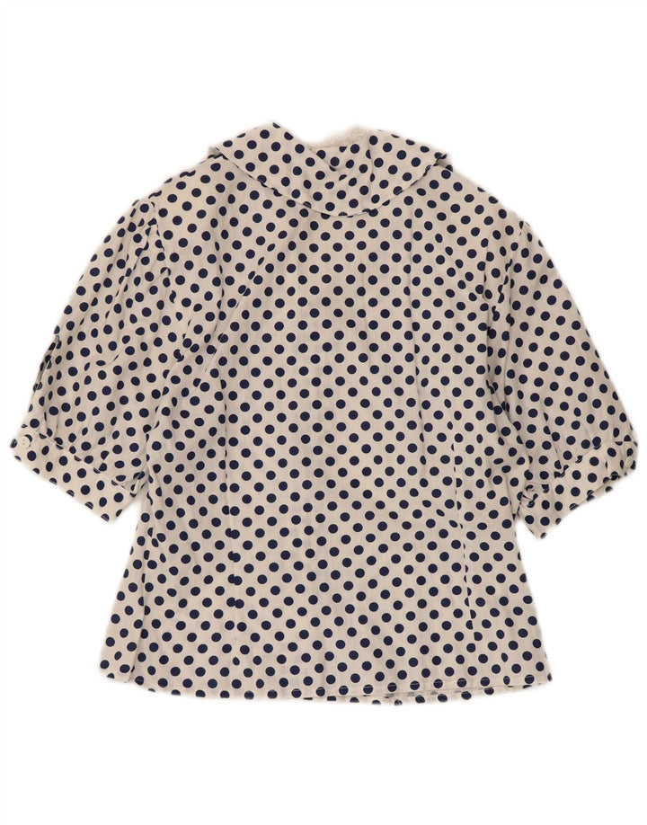 VINTAGE Damen 1/2-Ärmel-Hemdbluse UK 12 Mittelweiß gepunktet
