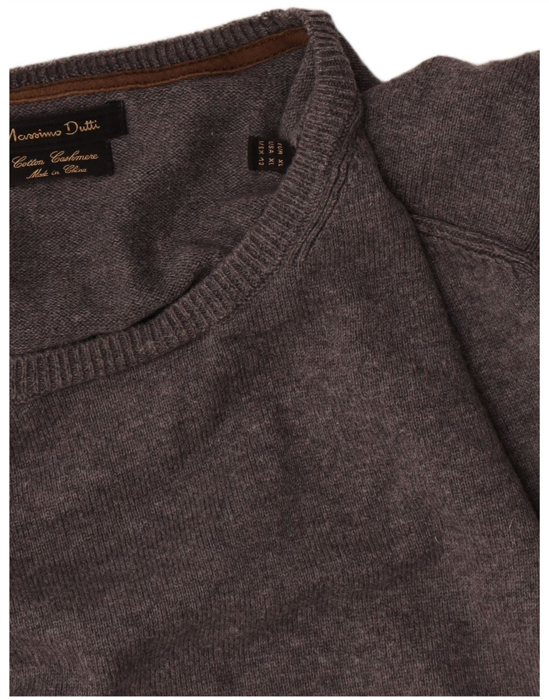 Massimo Dutti Herren-Pullover mit Rundhalsausschnitt, XL, graue Baumwolle