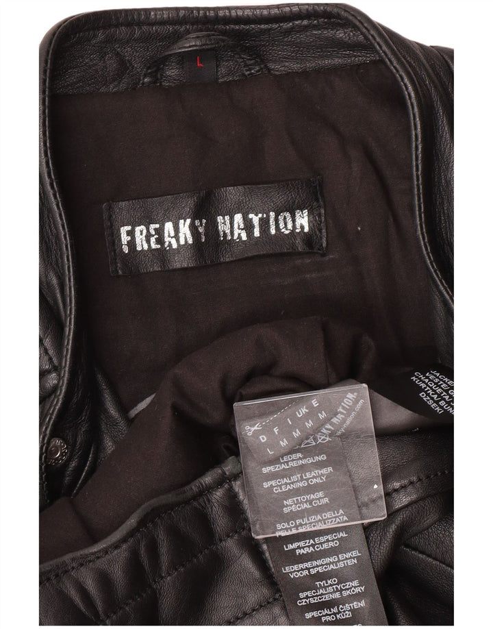 Freaky Nation Herren-Leder-Bikerjacke, UK 38, mittelschwarzes Leder