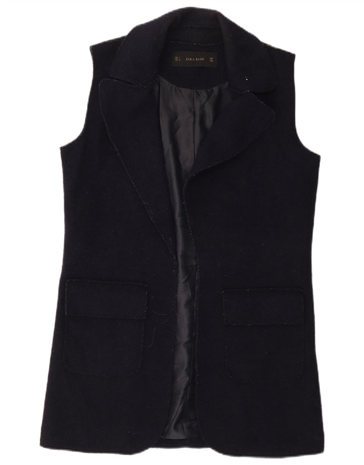 Zara Damen Longline Open Gilet UK 10 Small Marineblaue Wolle
