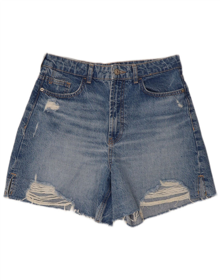 Zara Damen-Jeansshorts im Used-Look mit hoher Taille, W30, Mittelblau
