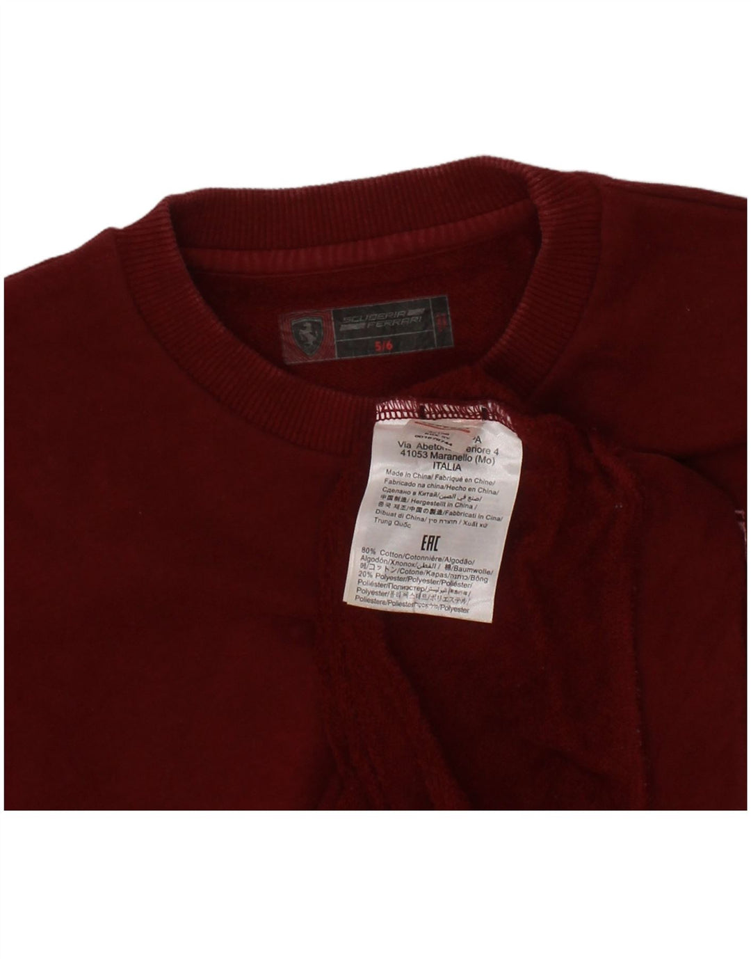 FERRARI Sweatshirt-Pullover für Jungen, 5–6 Jahre, burgunderfarbene Baumwolle