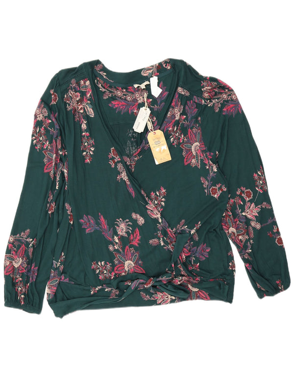 Fat Face Damen Langarm-Blusenoberteil UK 22 3XL Grün geblümte Viskose