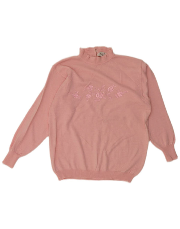 Vintage Damen Rollkragenpullover Pullover UK 12 Mittelrosa Blumen Retro