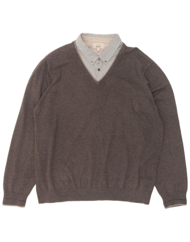 Marks & Spencer Herren-Pullover, reguläre Passform, V-Ausschnitt, XL, graue Baumwolle