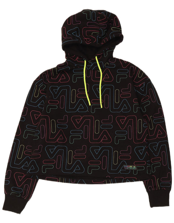 Fila Womens Crop Oversized Hoodie Pullover UK 10 Small Schwarze geometrische Baumwolle