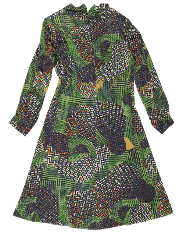 Vintage Damen Langarm A-Linie Kleid UK 14 Mittelgrün Patchwork